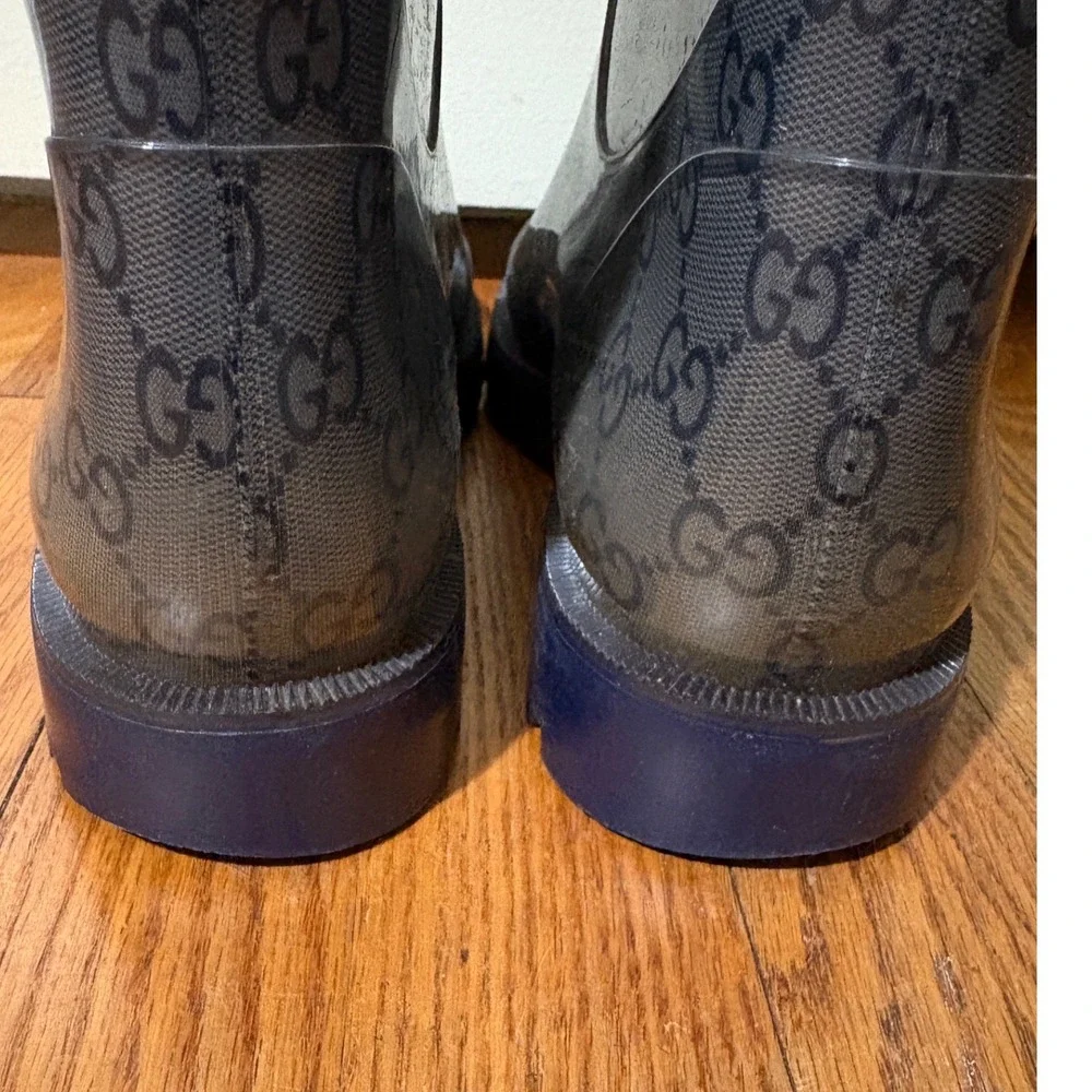 Gucci GG Monogram Clear Grey Blue Rubber Rain Boots Size 40 Made in Italy